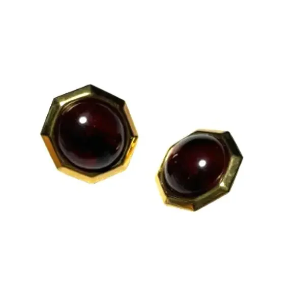 Vintage Style Gold Tone Faux Garnet Earrings Octagon 1" Ornate Dark Academia EUC - Picture 3 of 5